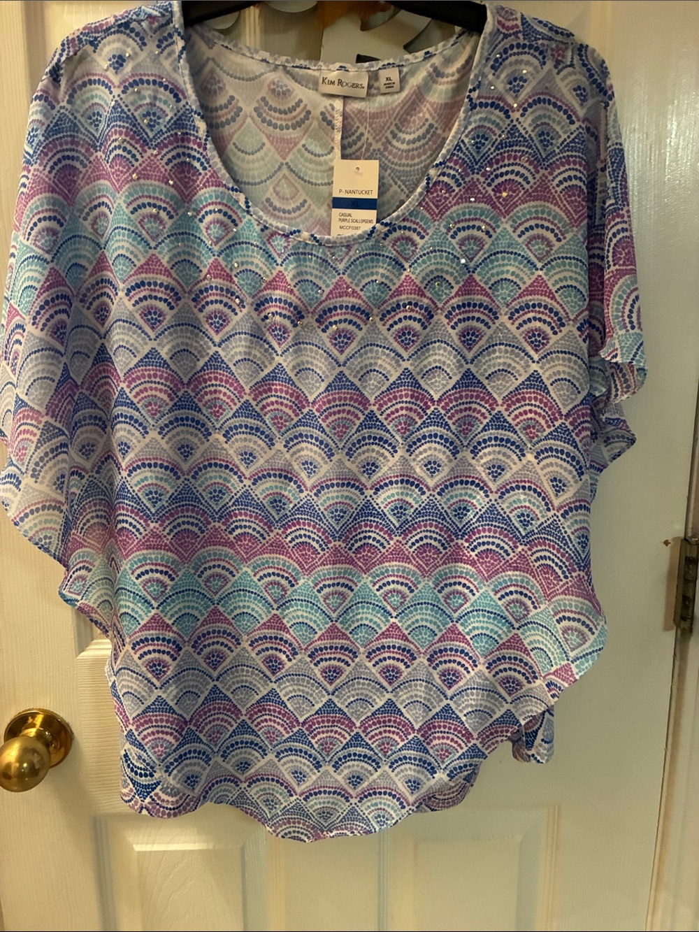 New: Kim Rogers Blue Purple Teal Mosaic Scallop Top